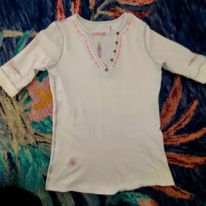 Alp N Rock White Tee with Pink Embroidery Elbow Sleeve